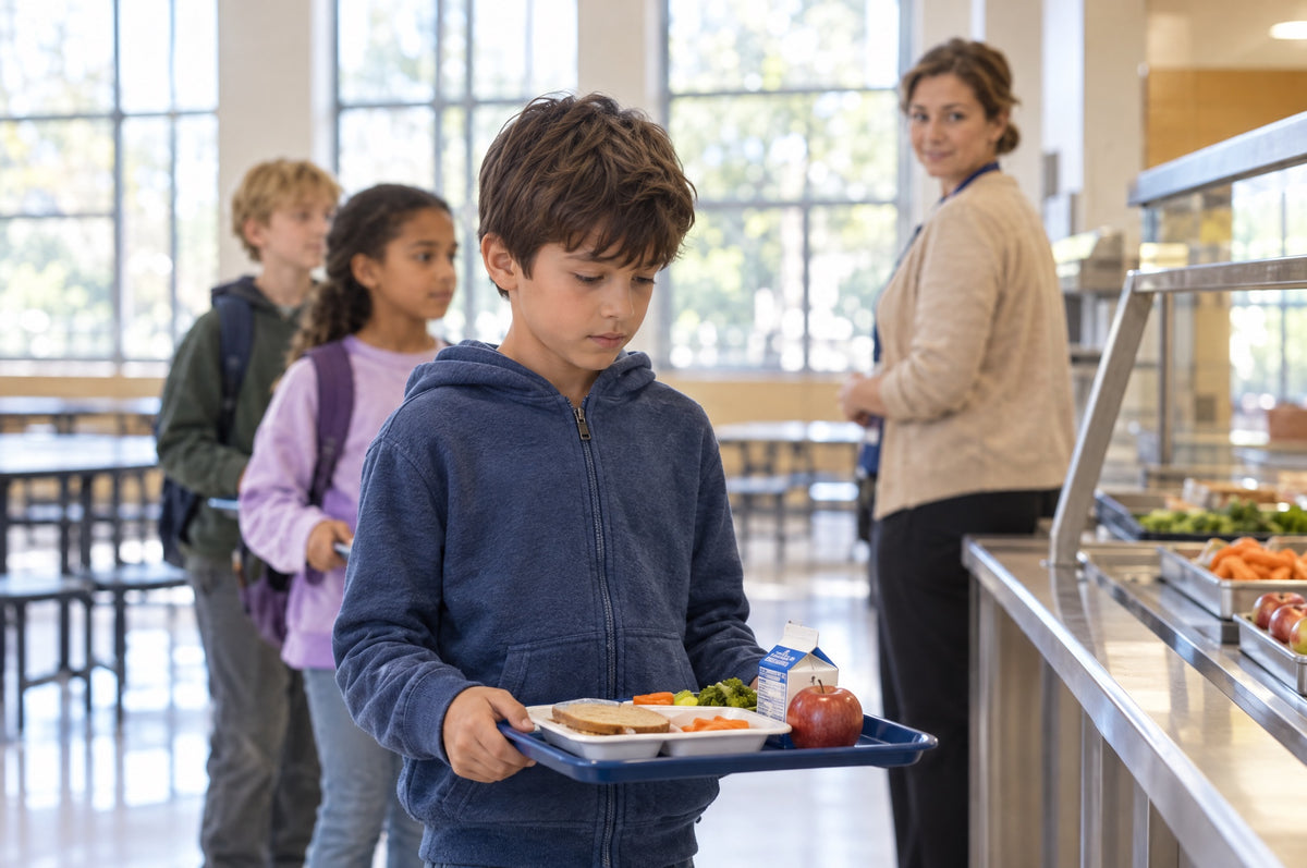 A boy stands frozen in a school lunch line while a teacher turns around