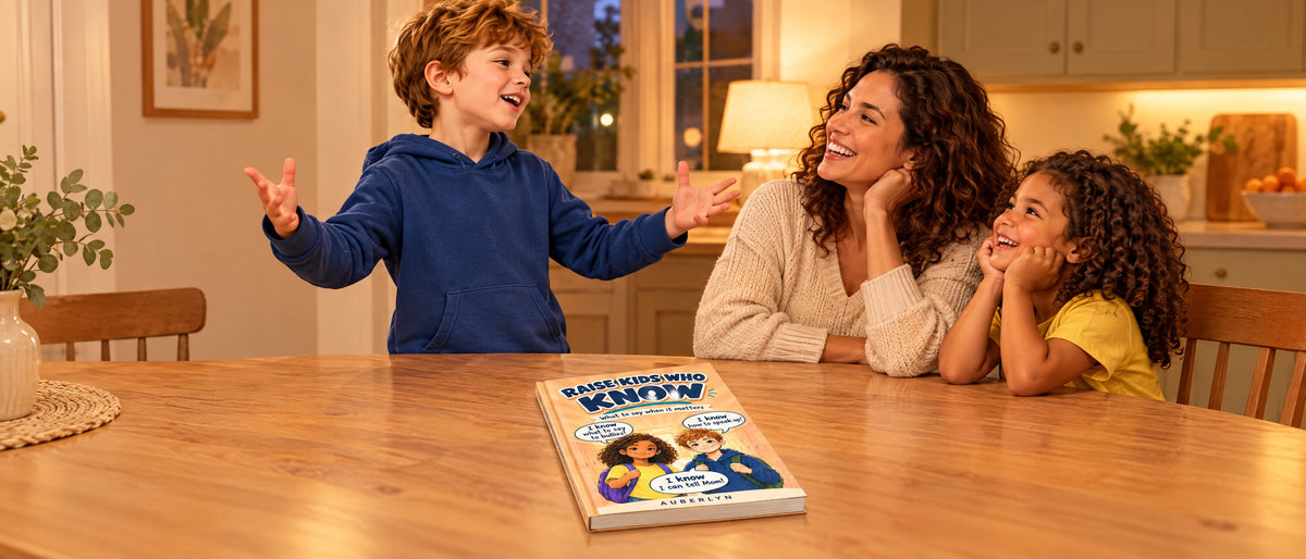 A parent and kid at the dinner table with the book open, laughing